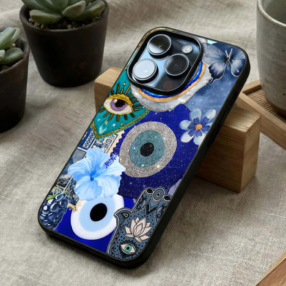 Celestial Blue Vision Glass Case laid diagonally highlighting radiant accents and HD glass shine.