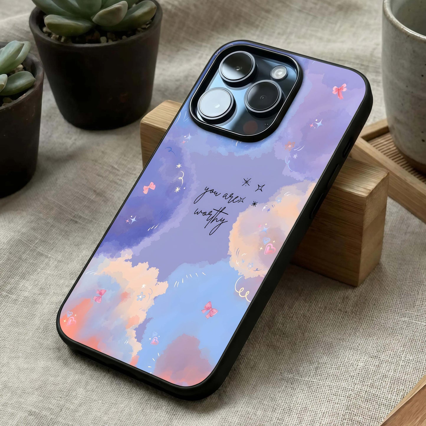 Celestial Cloud Magic Glass Case laid diagonally highlighting floating elements and HD glass shine.
