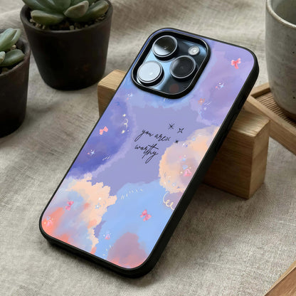 Celestial Cloud Magic Glass Case laid diagonally highlighting floating elements and HD glass shine.