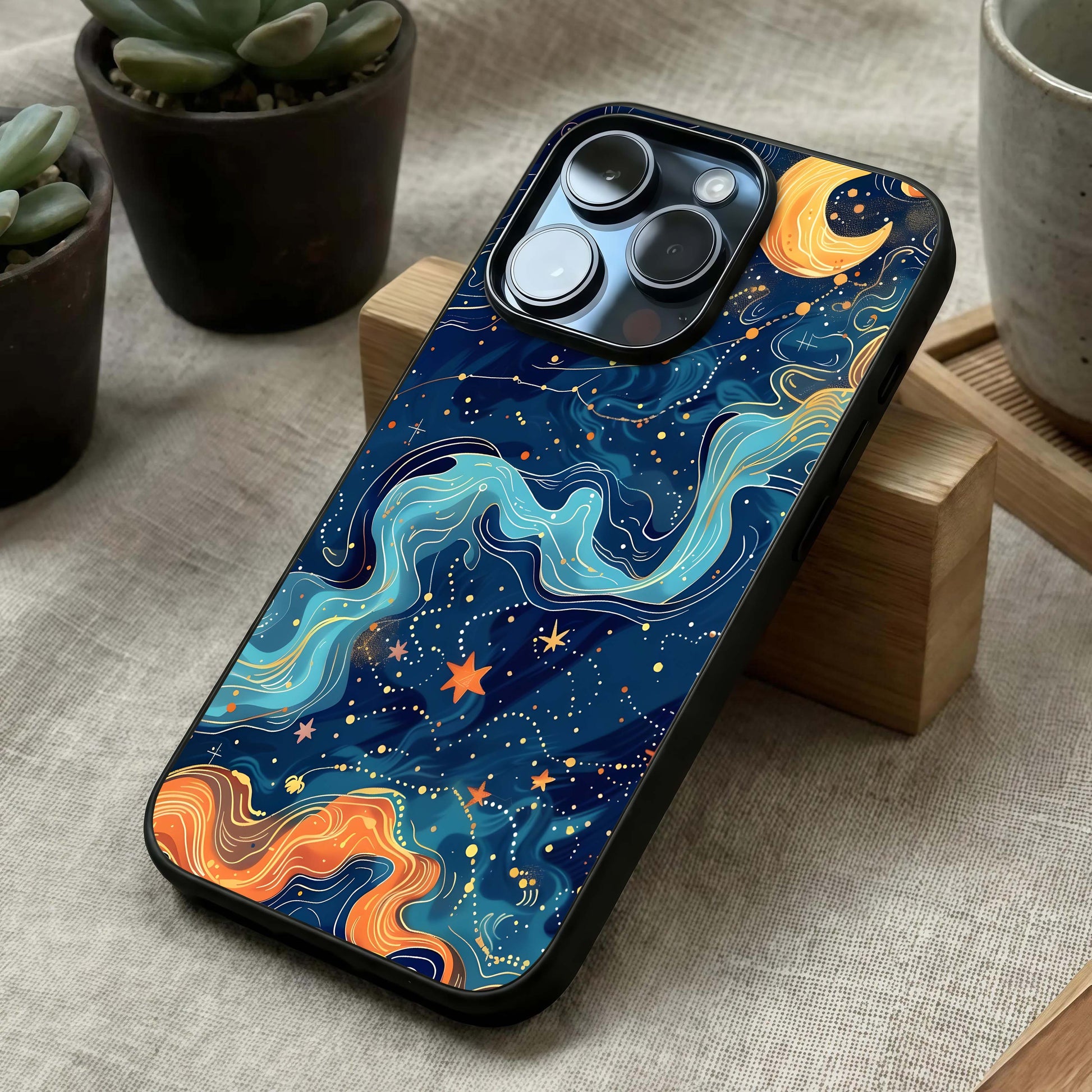 Celestial Dream Flow Glass Case laid diagonally highlighting gentle transitions and HD glass shine.