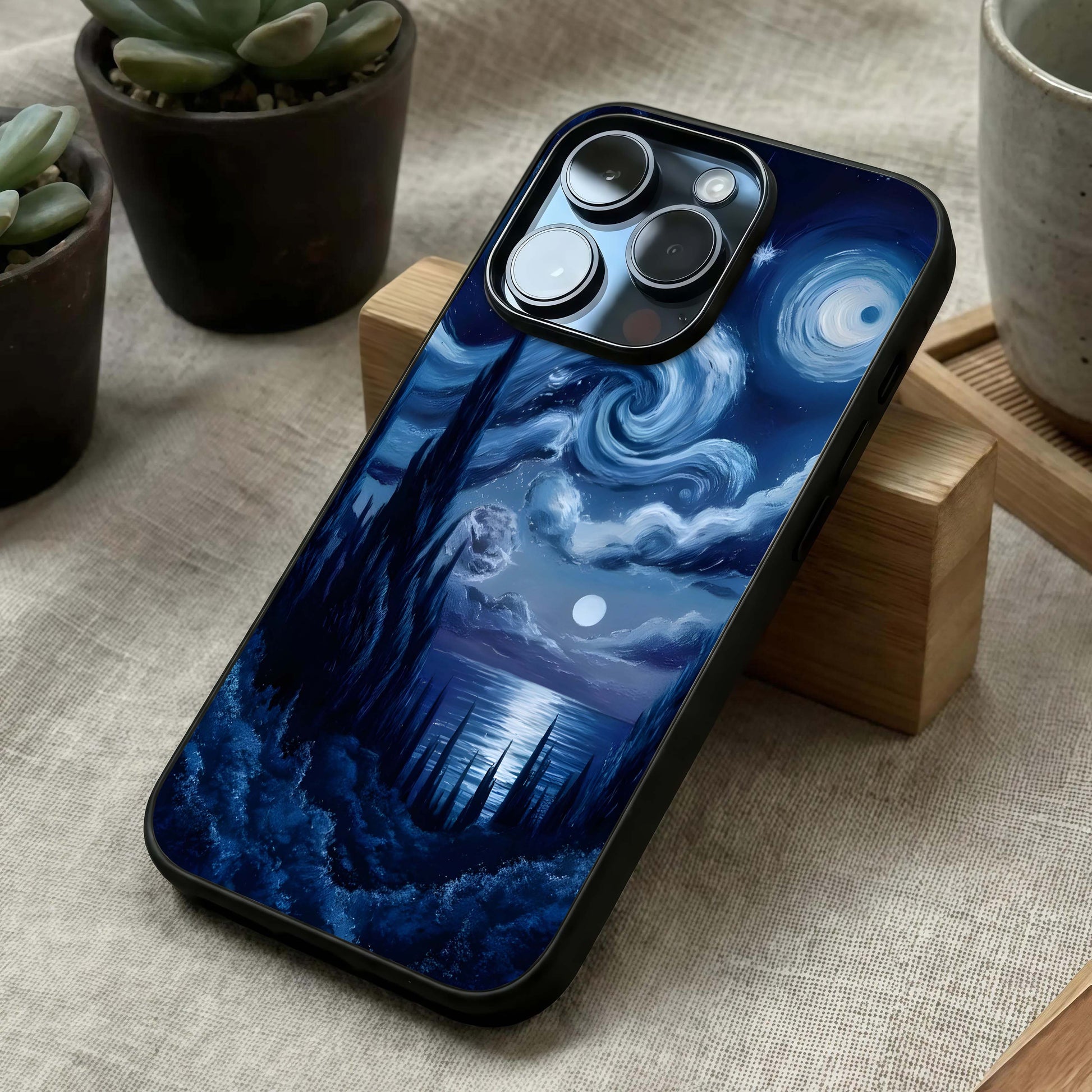 Celestial Dream Van Gogh Glass Case laid diagonally highlighting swirling details and HD glass shine.