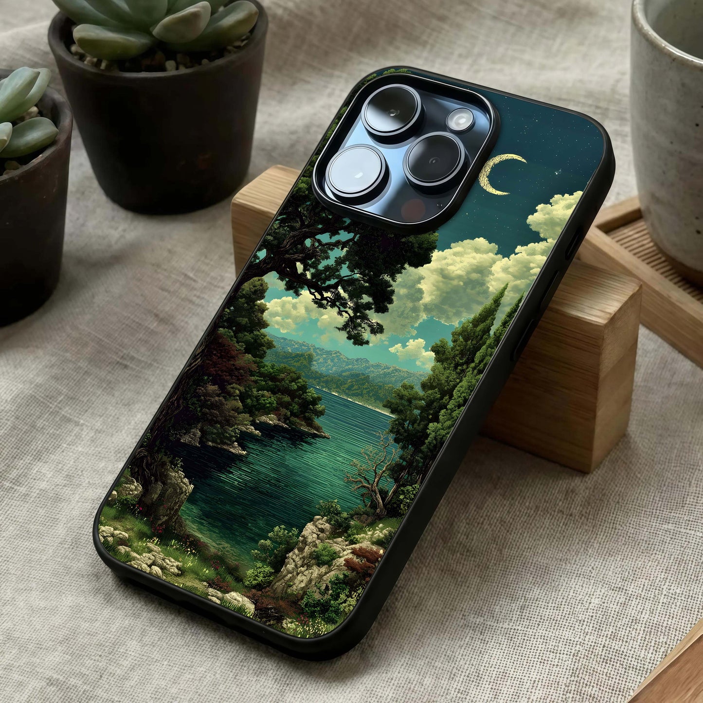 Celestial Lake Peace Glass Case laid diagonally highlighting still reflections and HD glass shine.