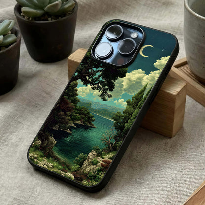 Celestial Lake Peace Glass Case laid diagonally highlighting still reflections and HD glass shine.