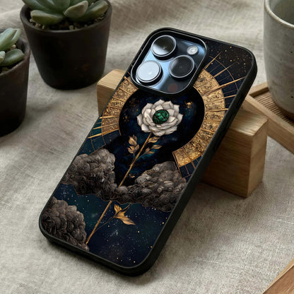 Celestial Lotus Morang Glass Case laid diagonally highlighting graceful forms and HD glass shine.
