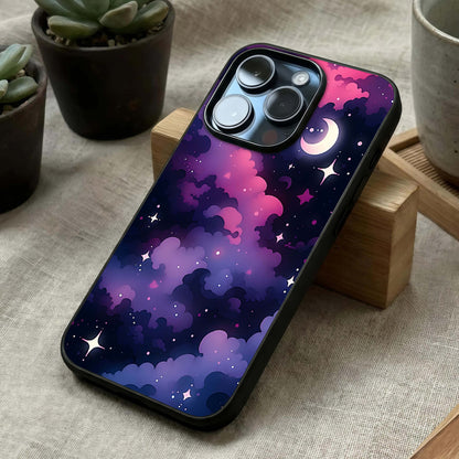 Celestial Moon Magic Glass Case laid diagonally highlighting radiant moon details and HD glass shine.