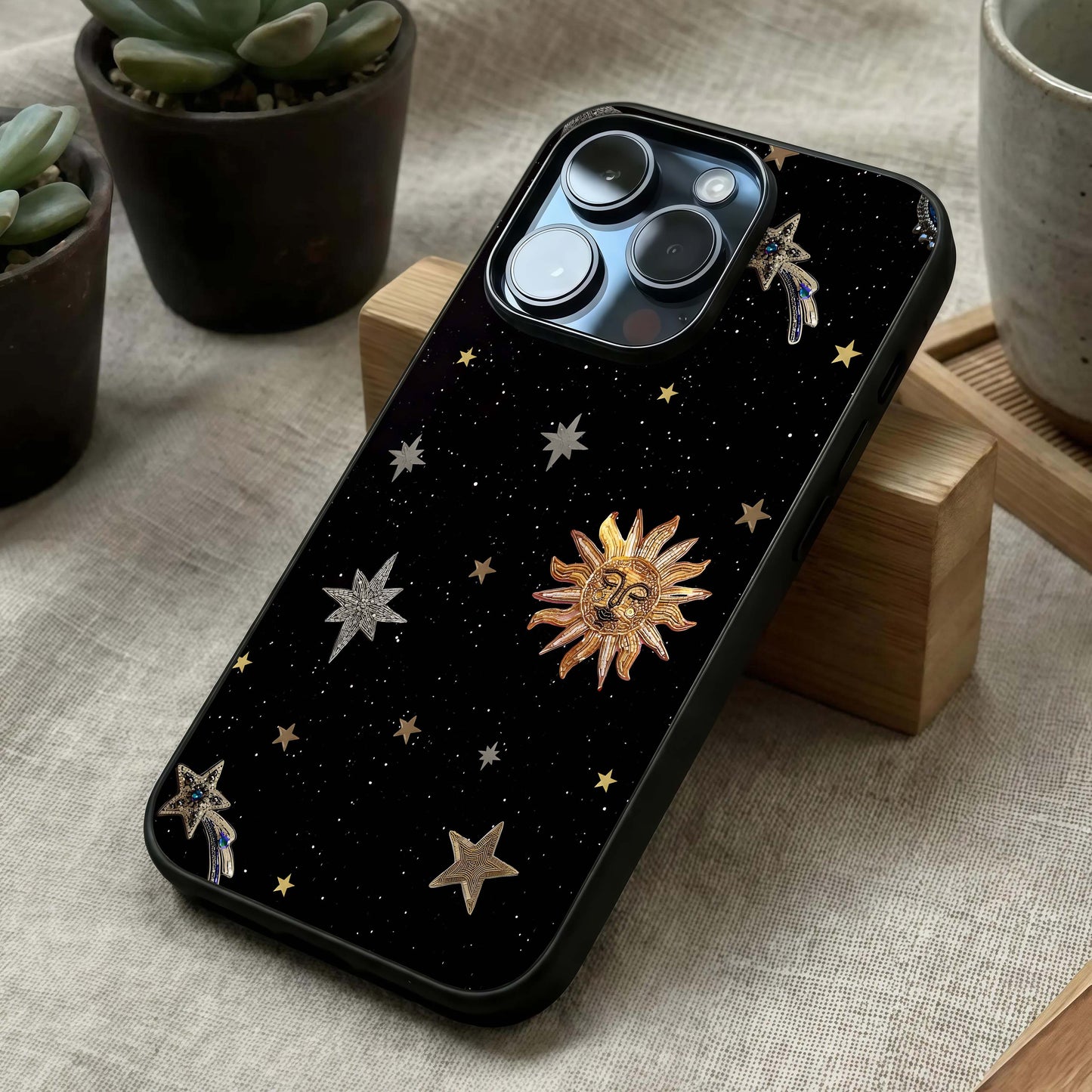 Celestial Moon With Stars Glass Case laid diagonally highlighting cosmic details and HD glass shine.