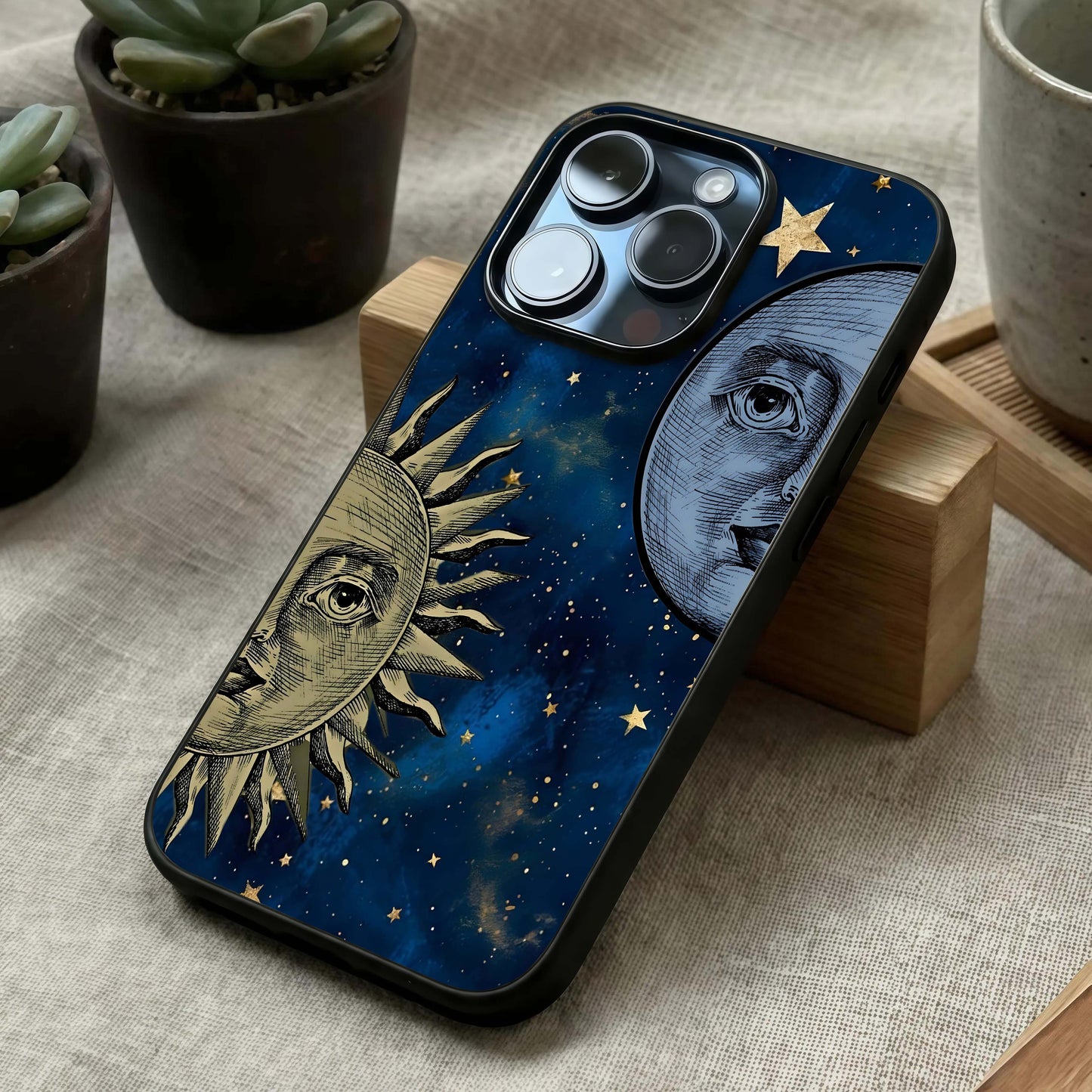 Celestial Moon With Sun Glass Case laid diagonally highlighting contrast elements and HD glass shine.