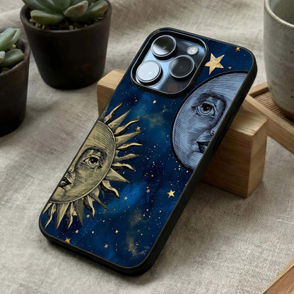 Celestial Moon With Sun Glass Case laid diagonally highlighting contrast elements and HD glass shine.