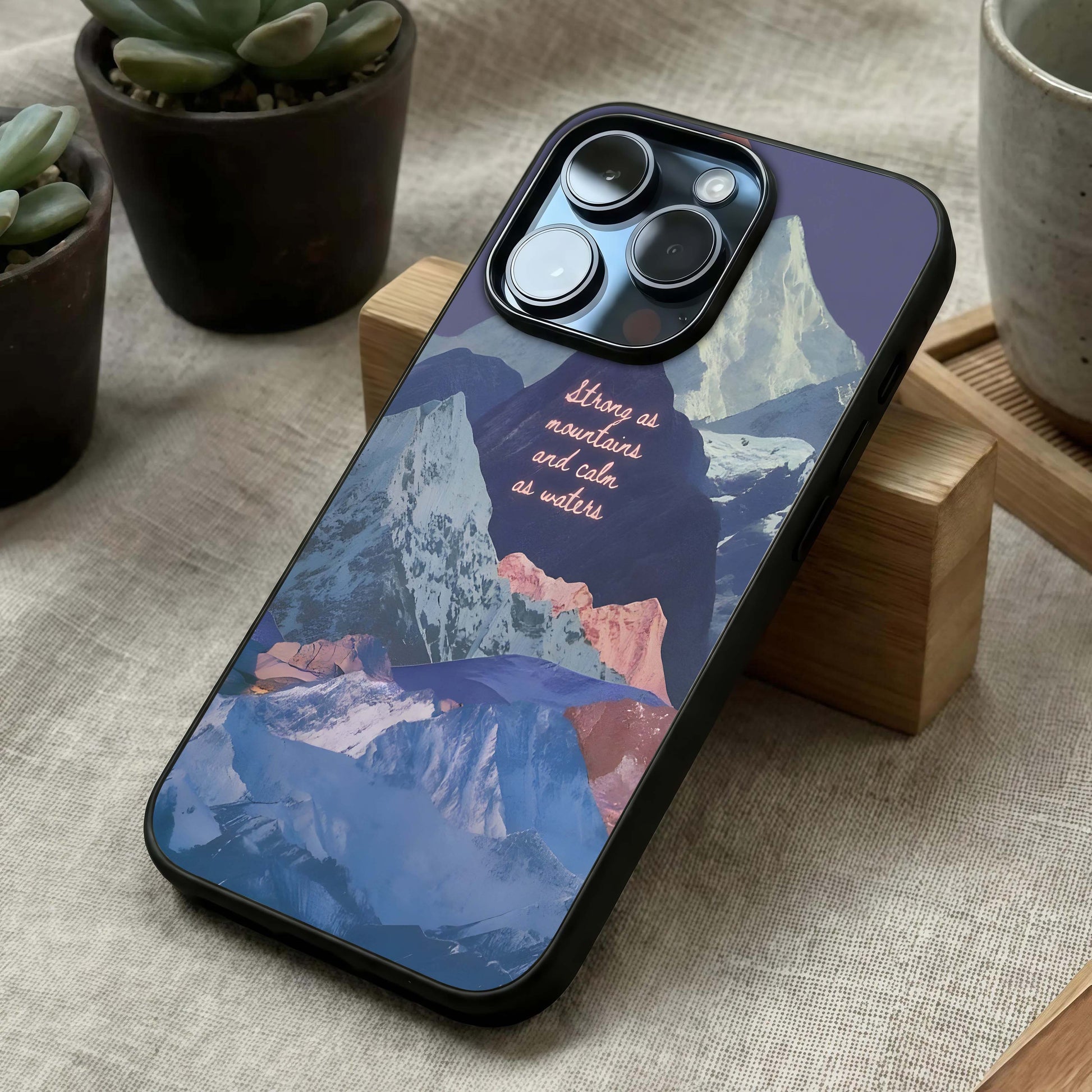 Celestial Mountain Calm Glass Case laid diagonally highlighting depth layers and HD glass shine.