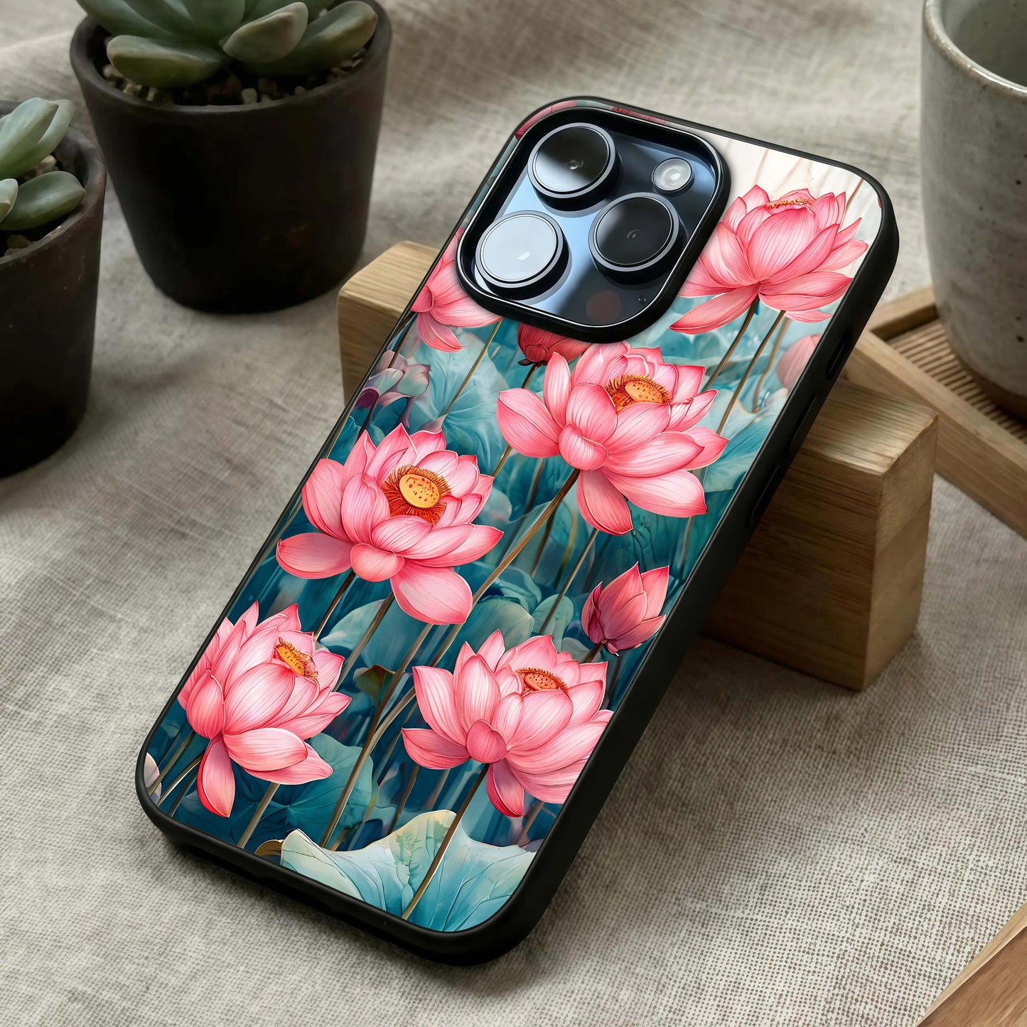 Celestial Pink Lotus Glass Case laid diagonally highlighting gentle curves and HD glass shine.
