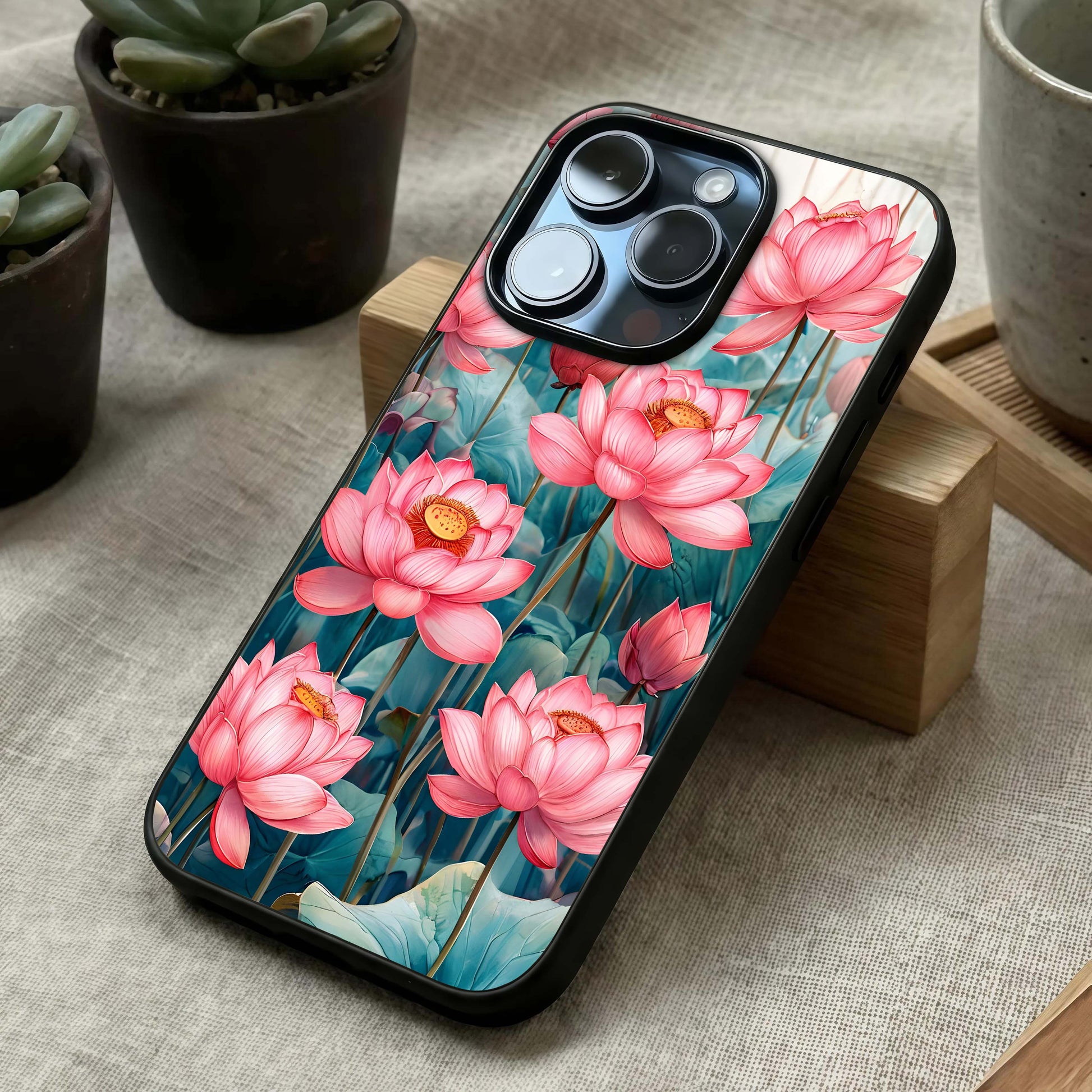 Celestial Pink Lotus Glass Case laid diagonally highlighting gentle curves and HD glass shine.