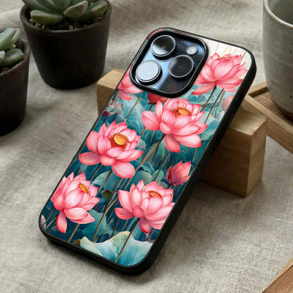 Celestial Pink Lotus Glass Case laid diagonally highlighting gentle curves and HD glass shine.