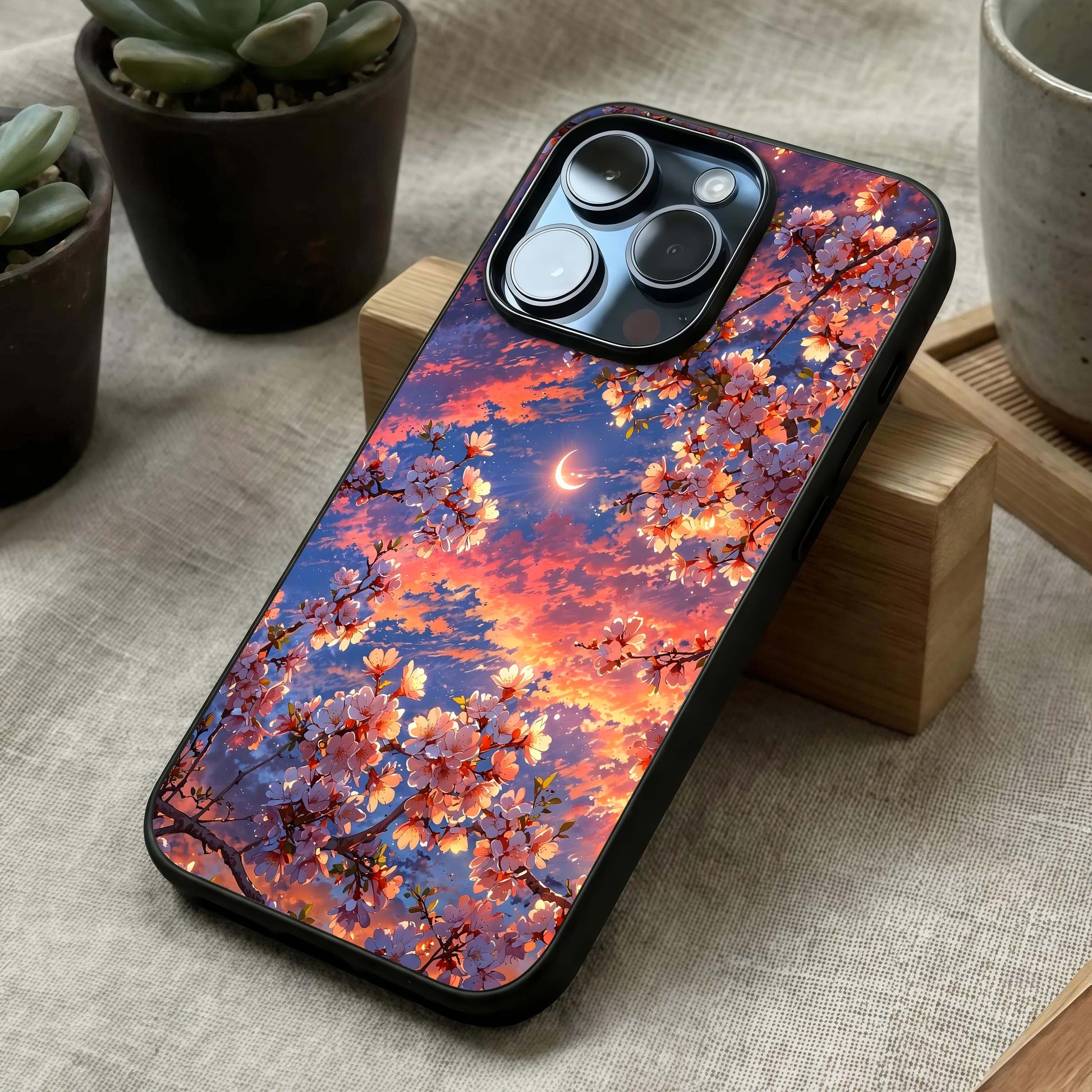 Celestial Sakura Sunset Glass Case laid diagonally highlighting evening glow and HD glass shine.