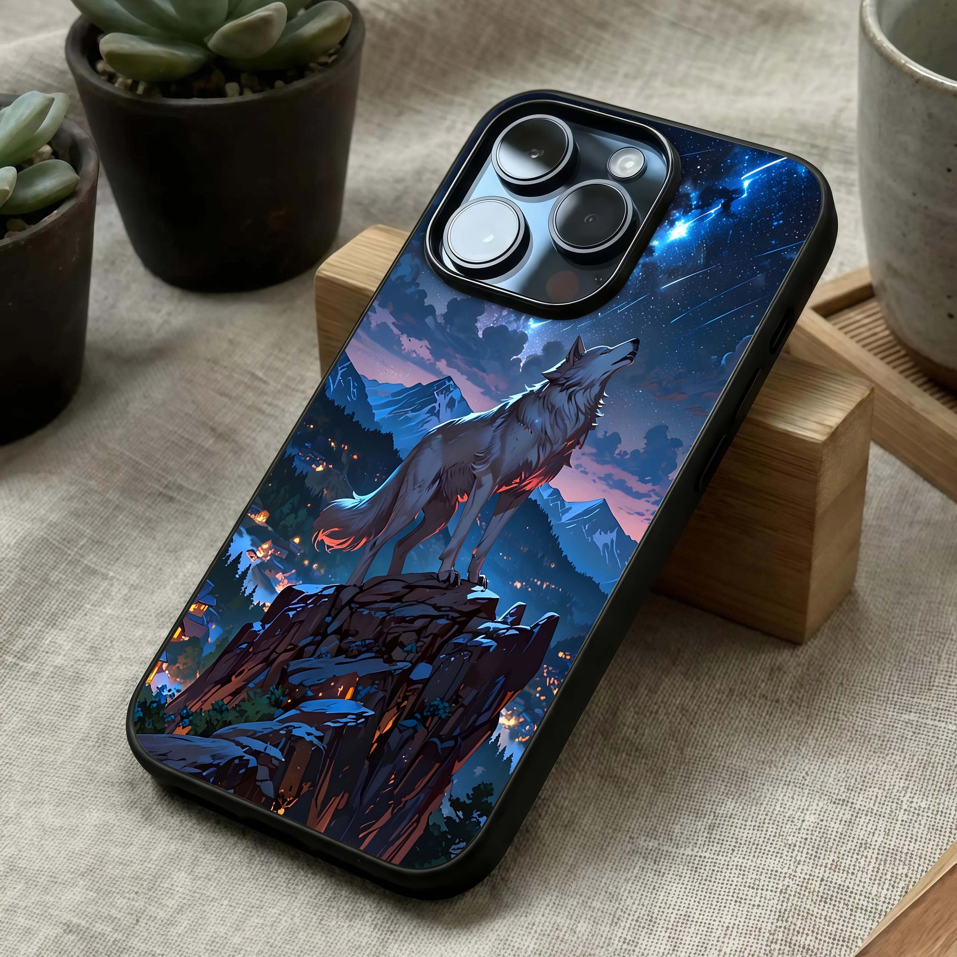 Celestial Wolf Howl Glass Case laid diagonally highlighting strong contrast and HD glass shine.