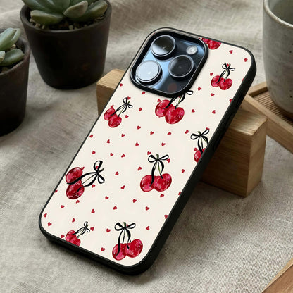 Cherry Heart Bow Glass Case laid diagonally highlighting charming details and HD glass shine.