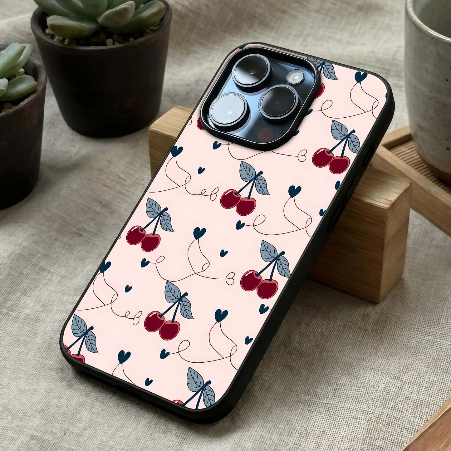 Cherry Heart Line Glass Case laid diagonally highlighting smooth contours and HD glass shine.