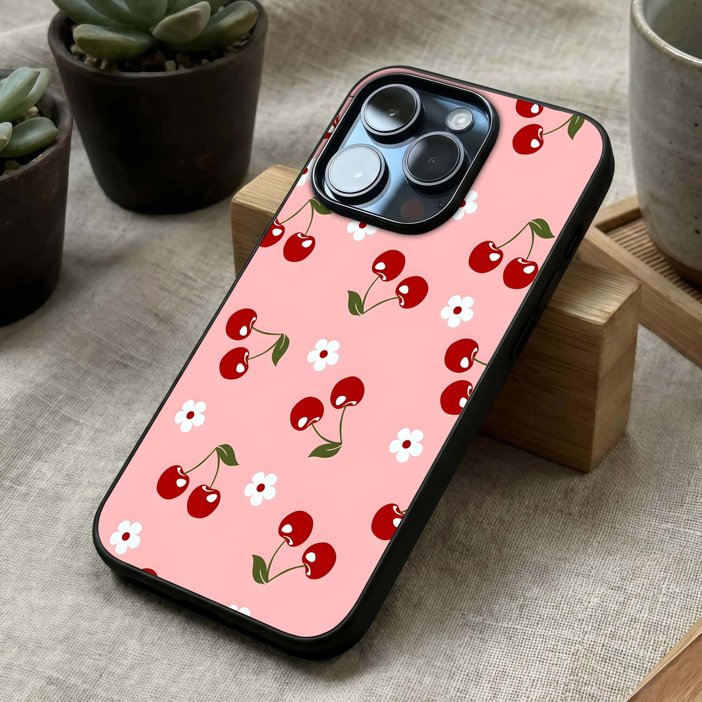 Cherry Love Mood Glass Case laid diagonally highlighting emotional flow and HD glass shine.