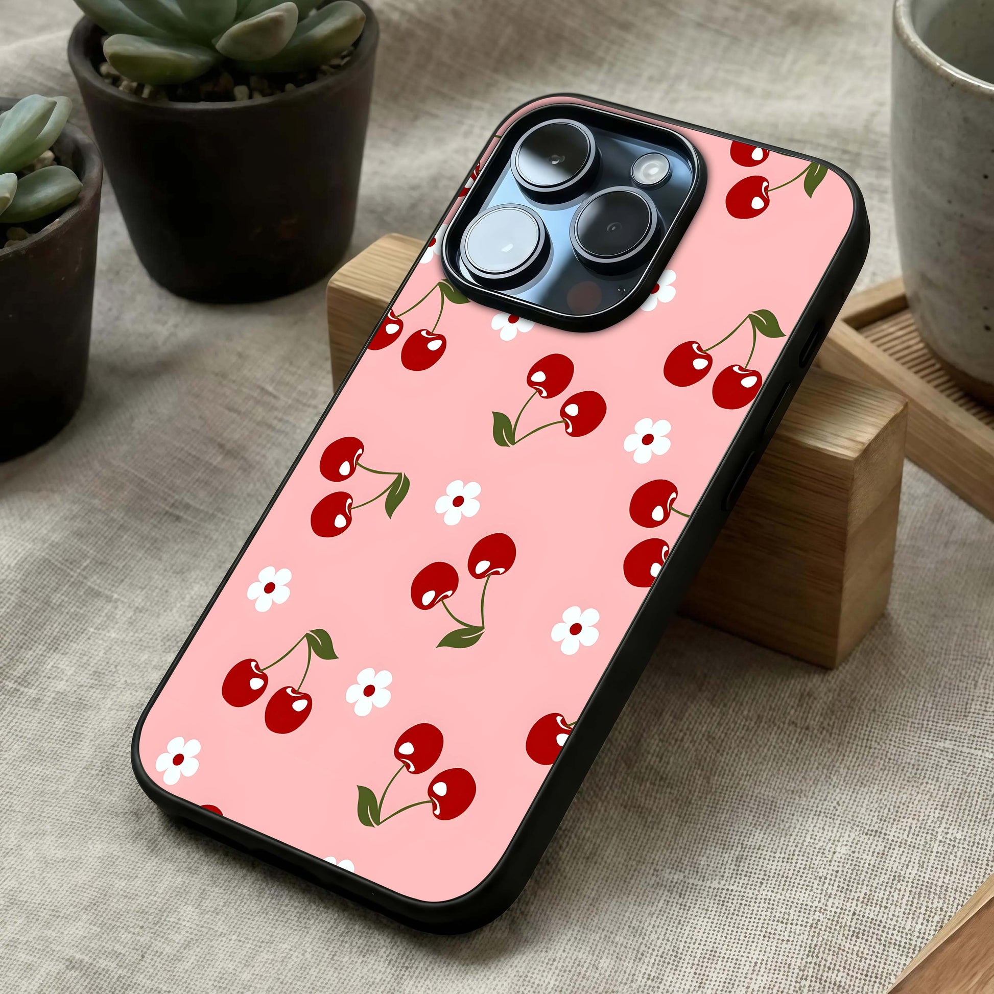 Cherry Love Mood Glass Case laid diagonally highlighting emotional flow and HD glass shine.