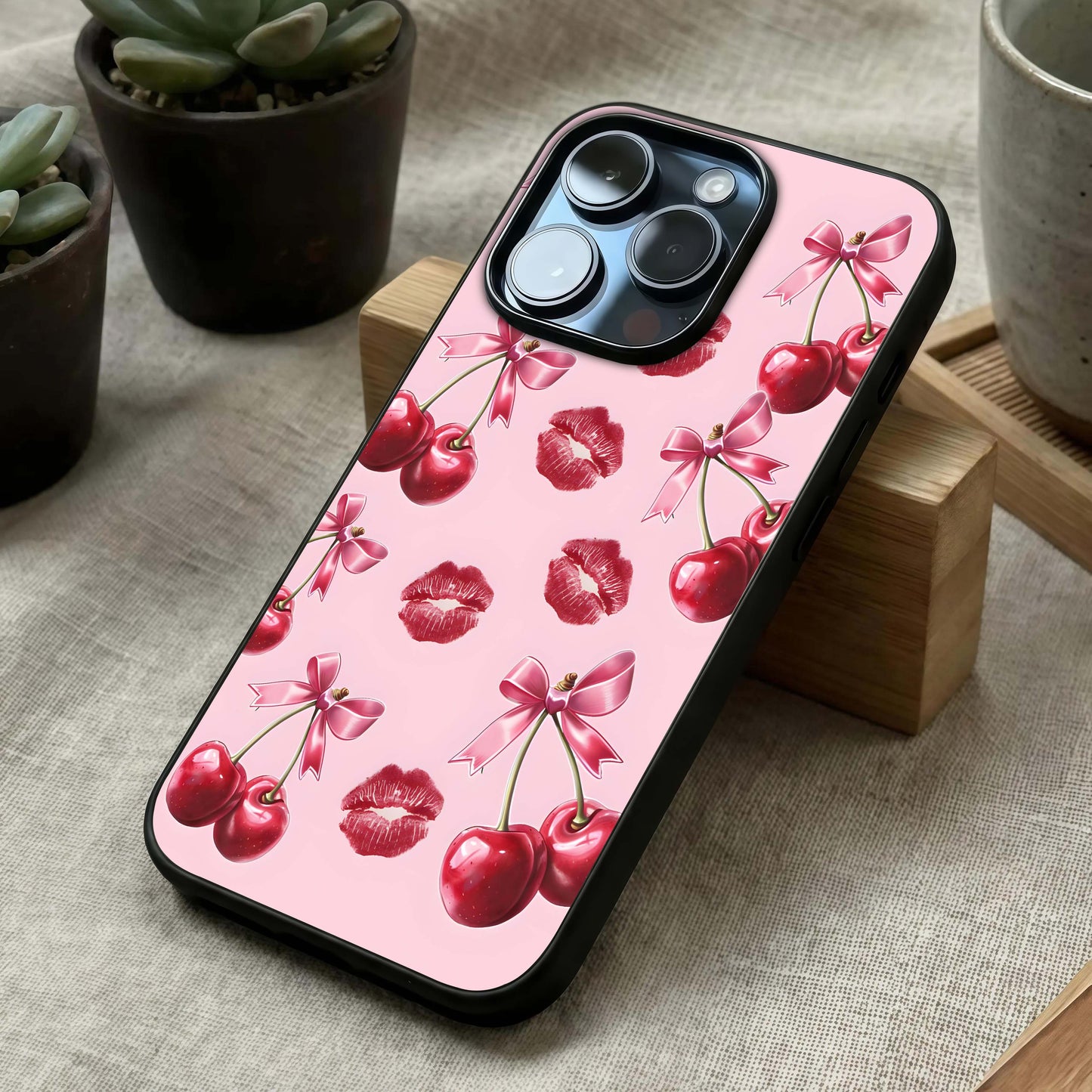 Cherry With Lips Glass Case laid diagonally highlighting expressive details and HD glass shine.