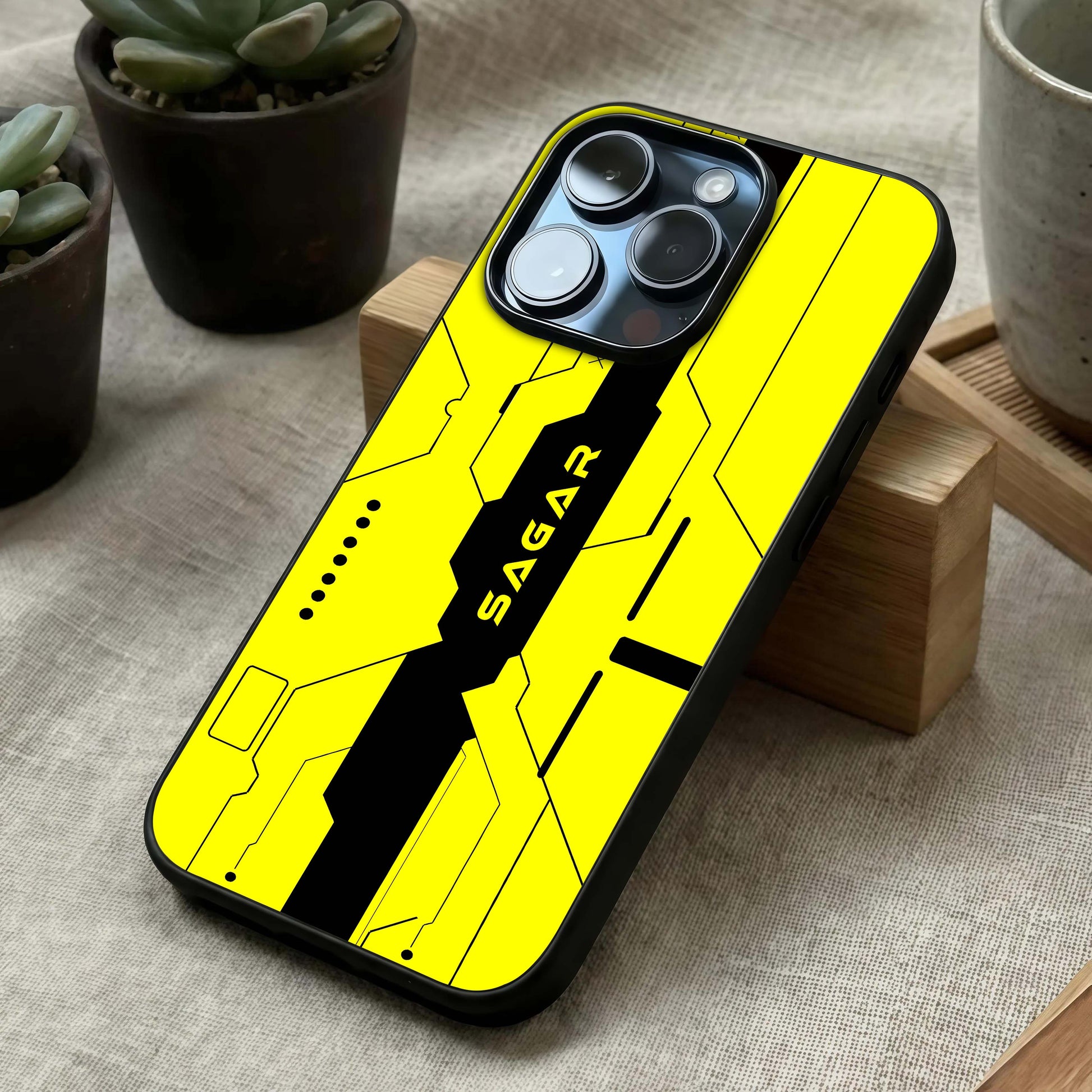 Circuit CYBERPUNK Custom Name Glass Case laid diagonally highlighting futuristic lines and HD glass shine.