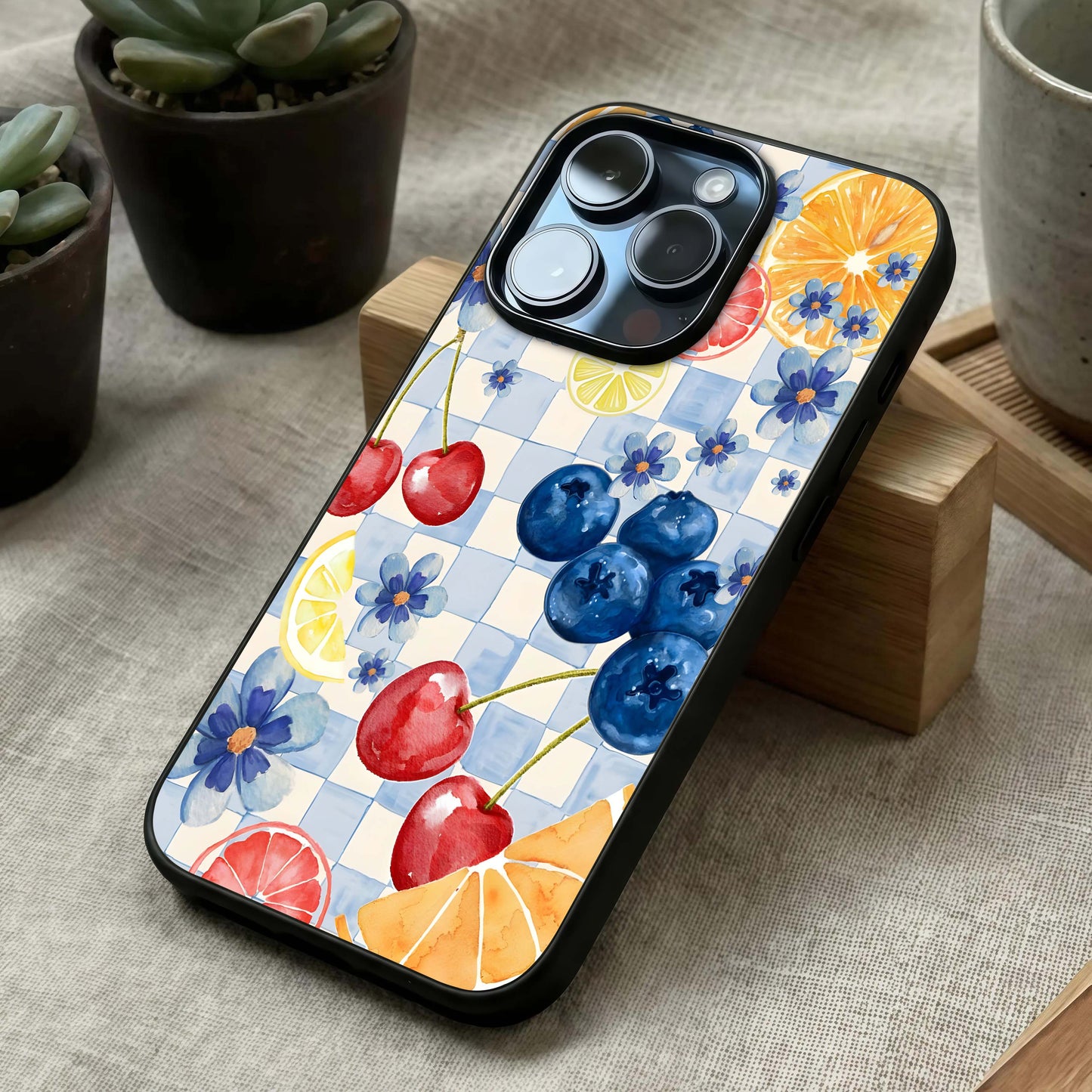 Citrus Bloom Joy Glass Case laid diagonally highlighting lively composition and HD glass shine.
