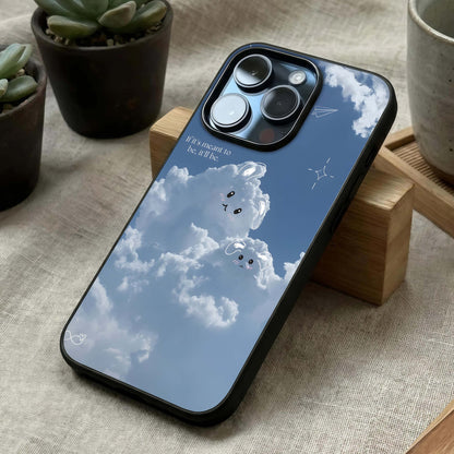 Cloud Bunny Dreams Glass Case laid diagonally highlighting gentle motion and HD glass shine.