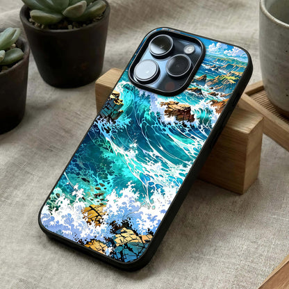 Coastal Blue Waves Glass Case laid diagonally highlighting wave motion and HD glass shine.