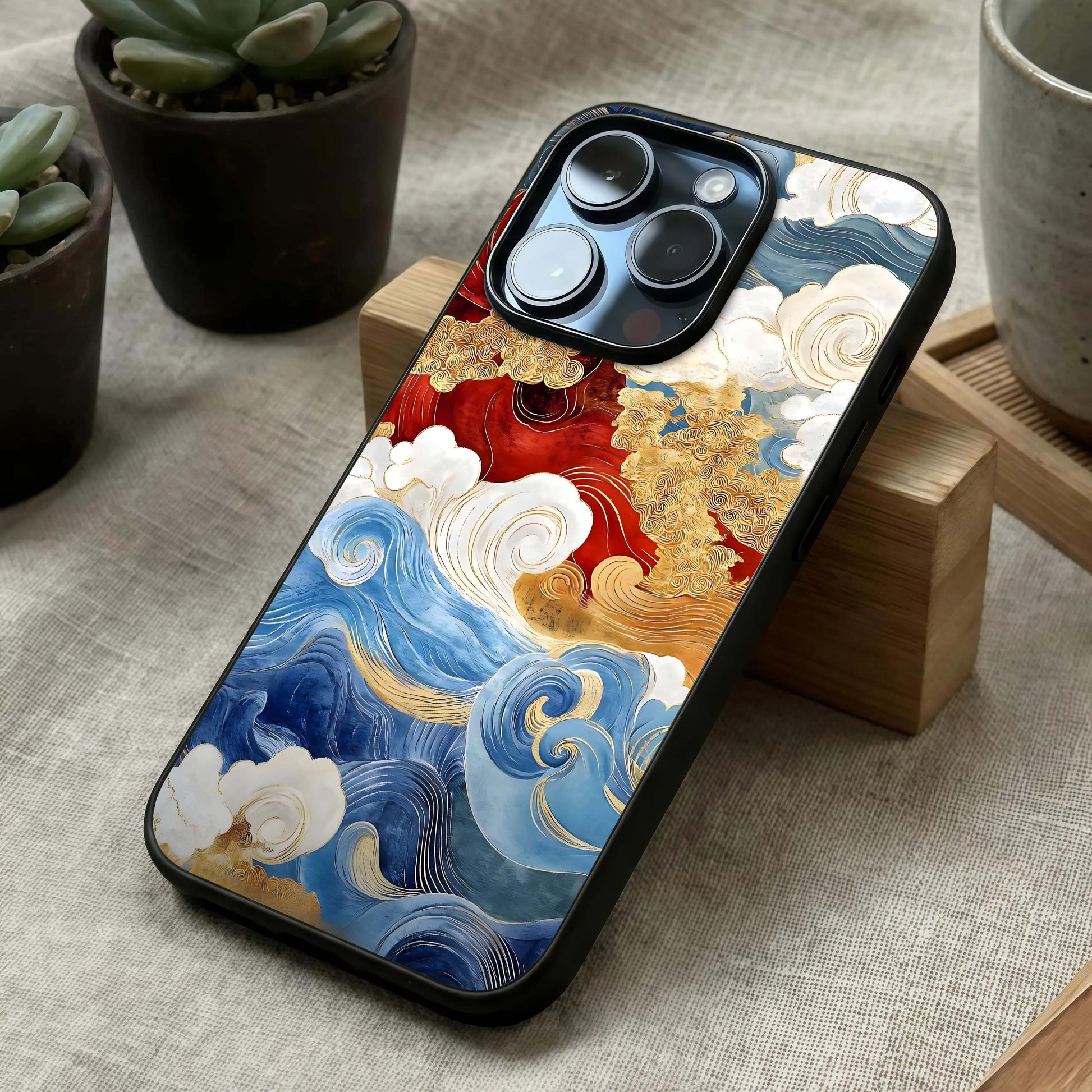 Colored Waves Glass Case laid diagonally highlighting wave transitions and HD glass shine.