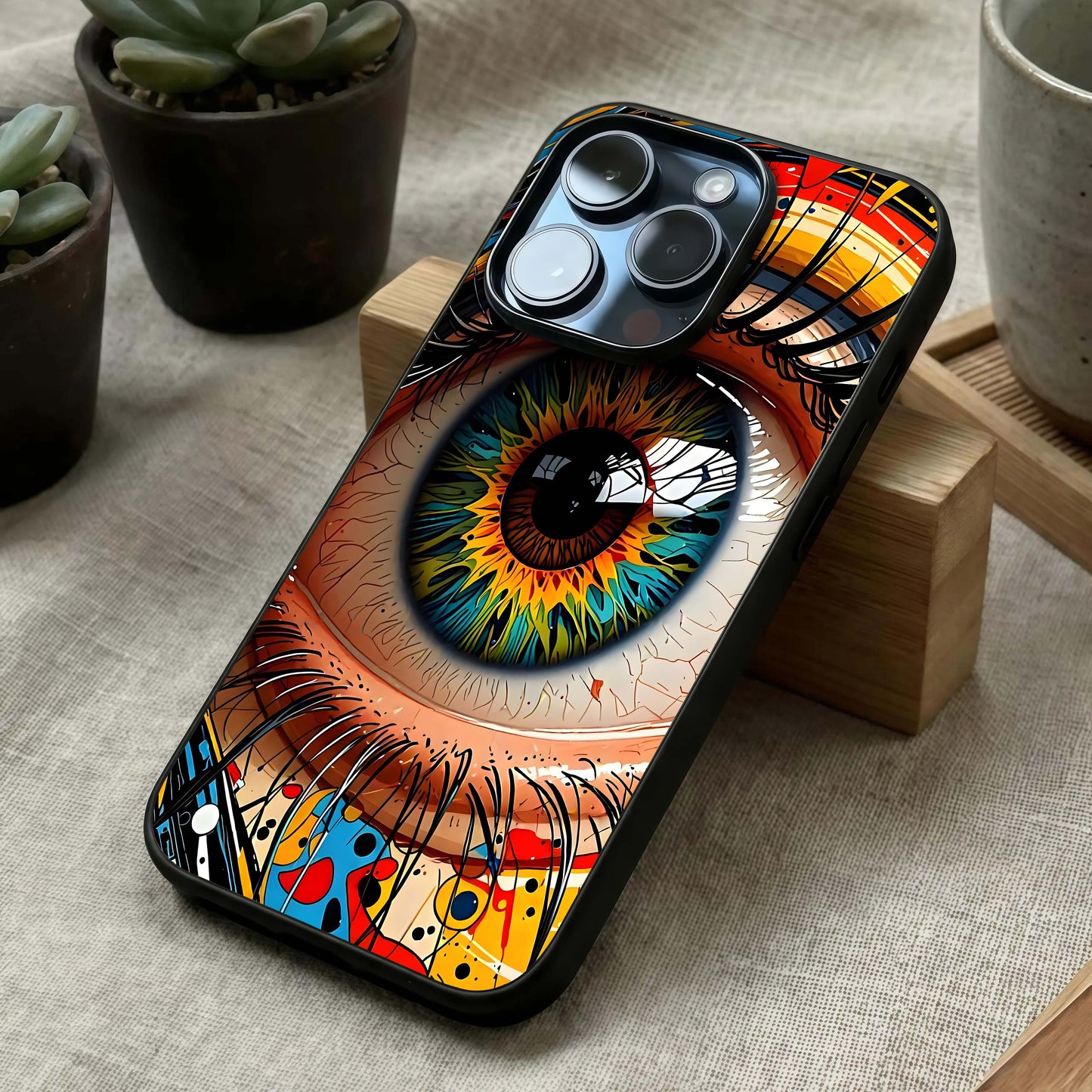 Colorful Eye Glass Case laid diagonally highlighting expressive detail and HD glass shine.