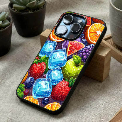 Colorful Fruits with Ice Glass Case laid diagonally highlighting chilled textures and HD glass shine.