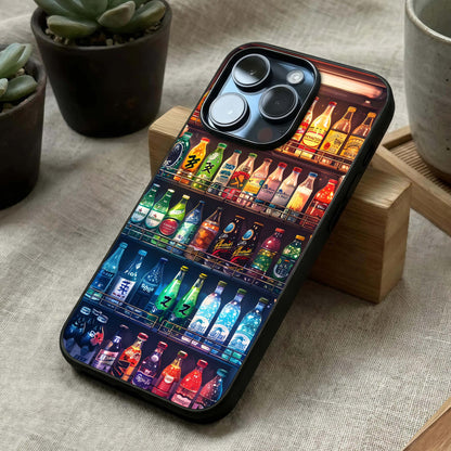 Colorful Soda Bottles Glass Case laid diagonally highlighting pop composition and HD glass shine.