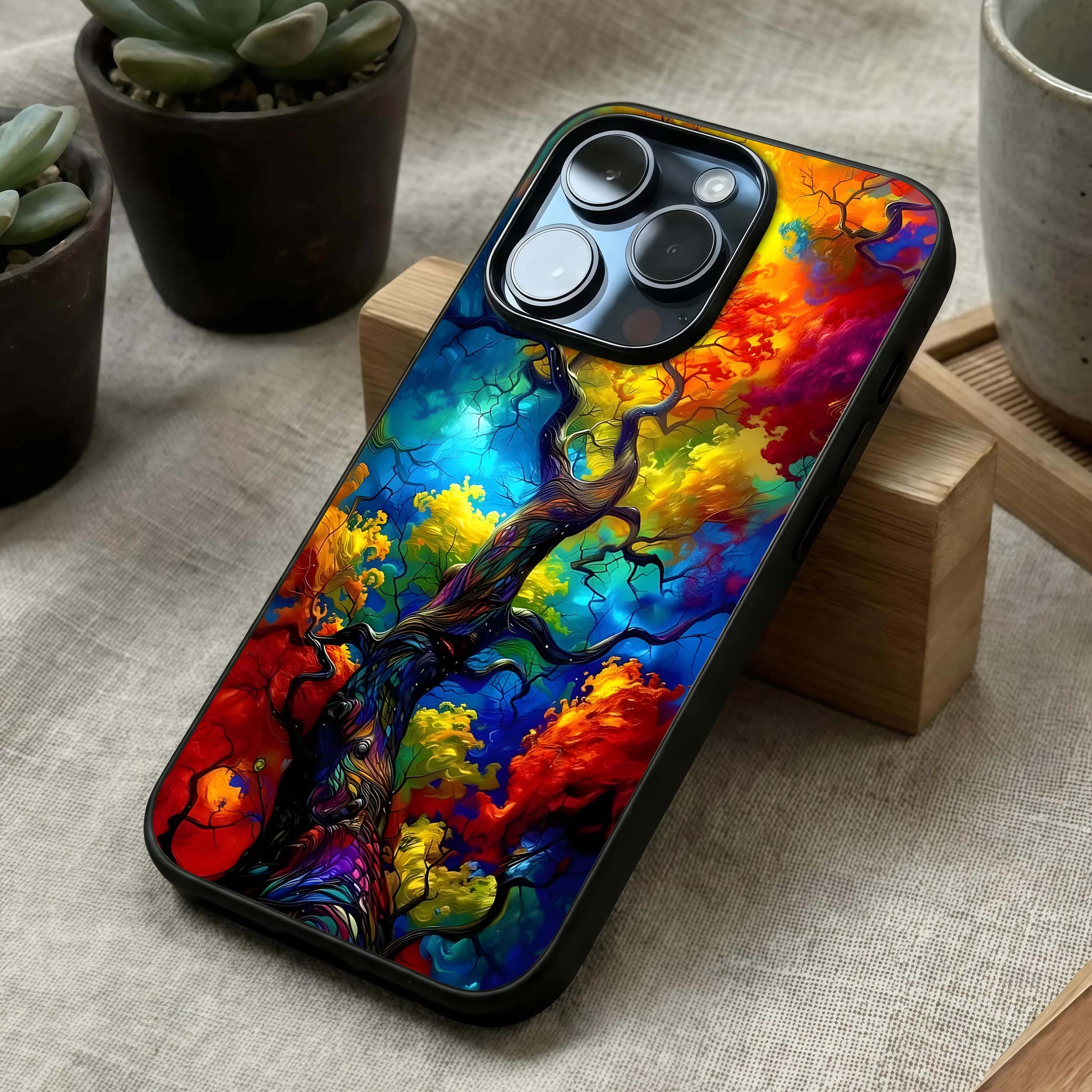 Colorful Tree Glass Case laid diagonally highlighting organic flow and HD glass shine.