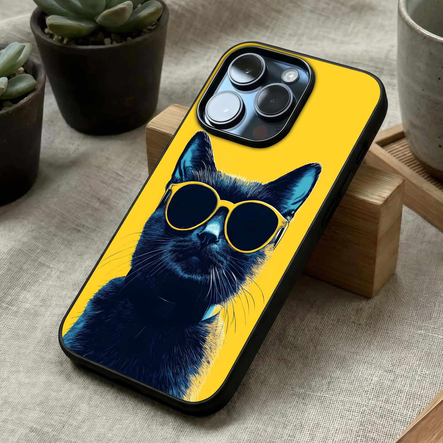 Cool Cat Vibes Glass Case laid diagonally highlighting playful attitude and HD glass shine.
