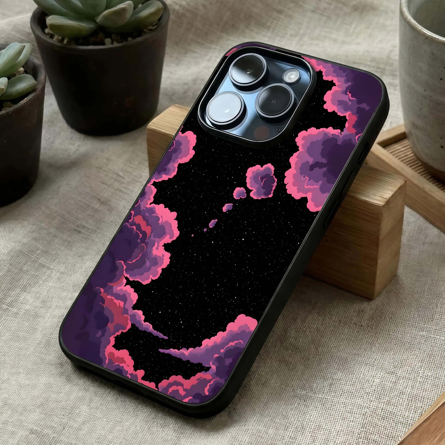 Cosmic Cloud Journey Glass Case laid diagonally highlighting depth flow and HD glass shine.