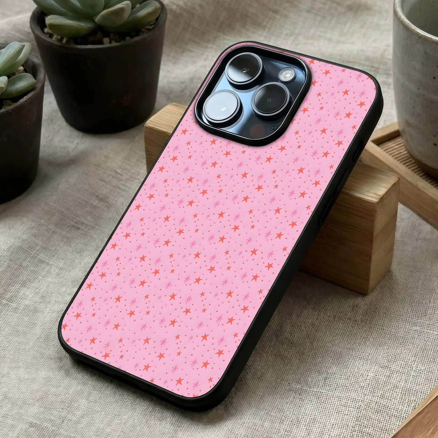 Cosmic Pink Sparkle Glass Case laid diagonally highlighting radiant accents and HD glass shine.