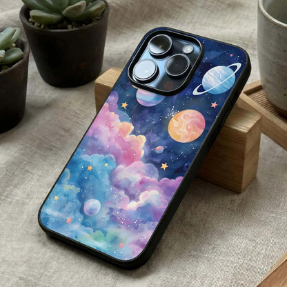 Cosmic Planet Dreams Glass Case laid diagonally highlighting orbital flow and HD glass shine.