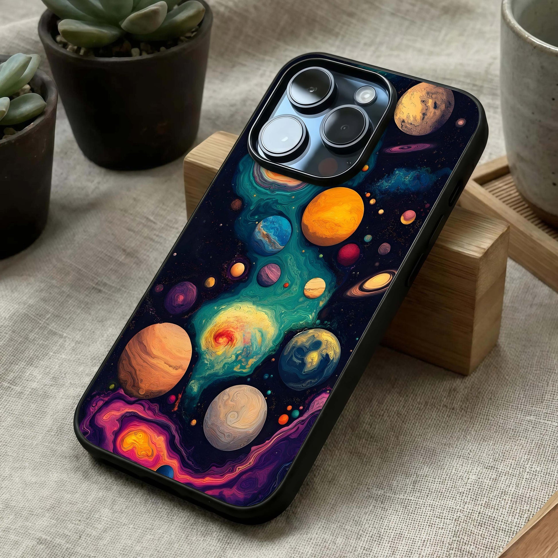 Cosmic Planet Journey Glass Case laid diagonally highlighting directional flow and HD glass shine.