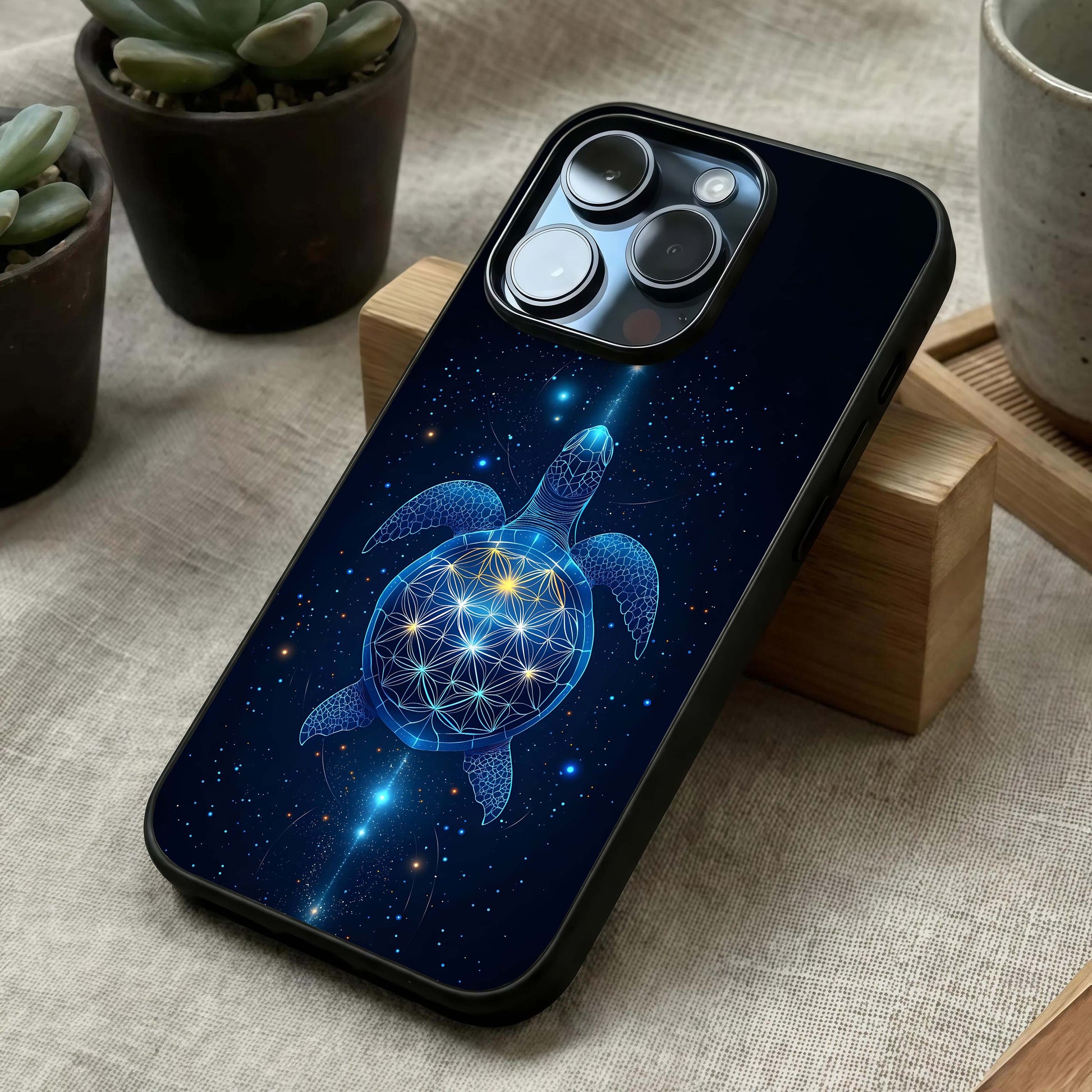 Crimson Blue Turtle Glass Case laid diagonally highlighting textured patterns and HD glass shine.