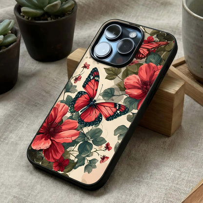 Crimson Butterfly Garden Glass Case laid diagonally highlighting graceful motion and HD glass shine.