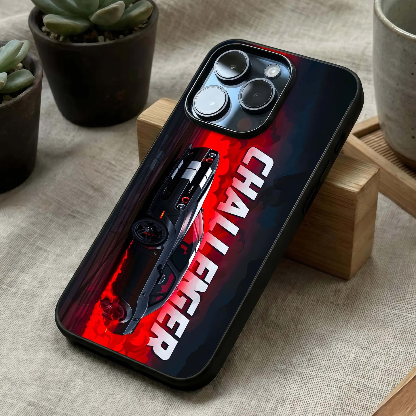 Crimson Challenger Fury Glass Case laid diagonally highlighting speed-driven flow and HD glass shine.