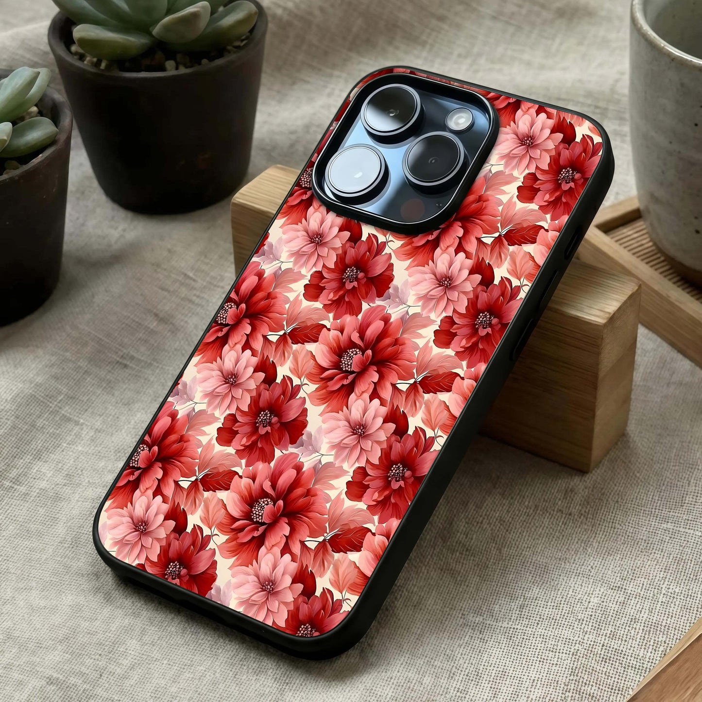 Crimson Love Petals Glass Case laid diagonally highlighting gentle curves and HD glass shine.