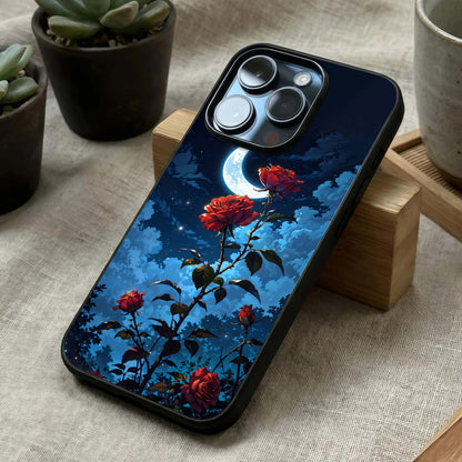 Crimson Rose Moon Glass Case laid diagonally highlighting poetic contrast and HD glass shine.
