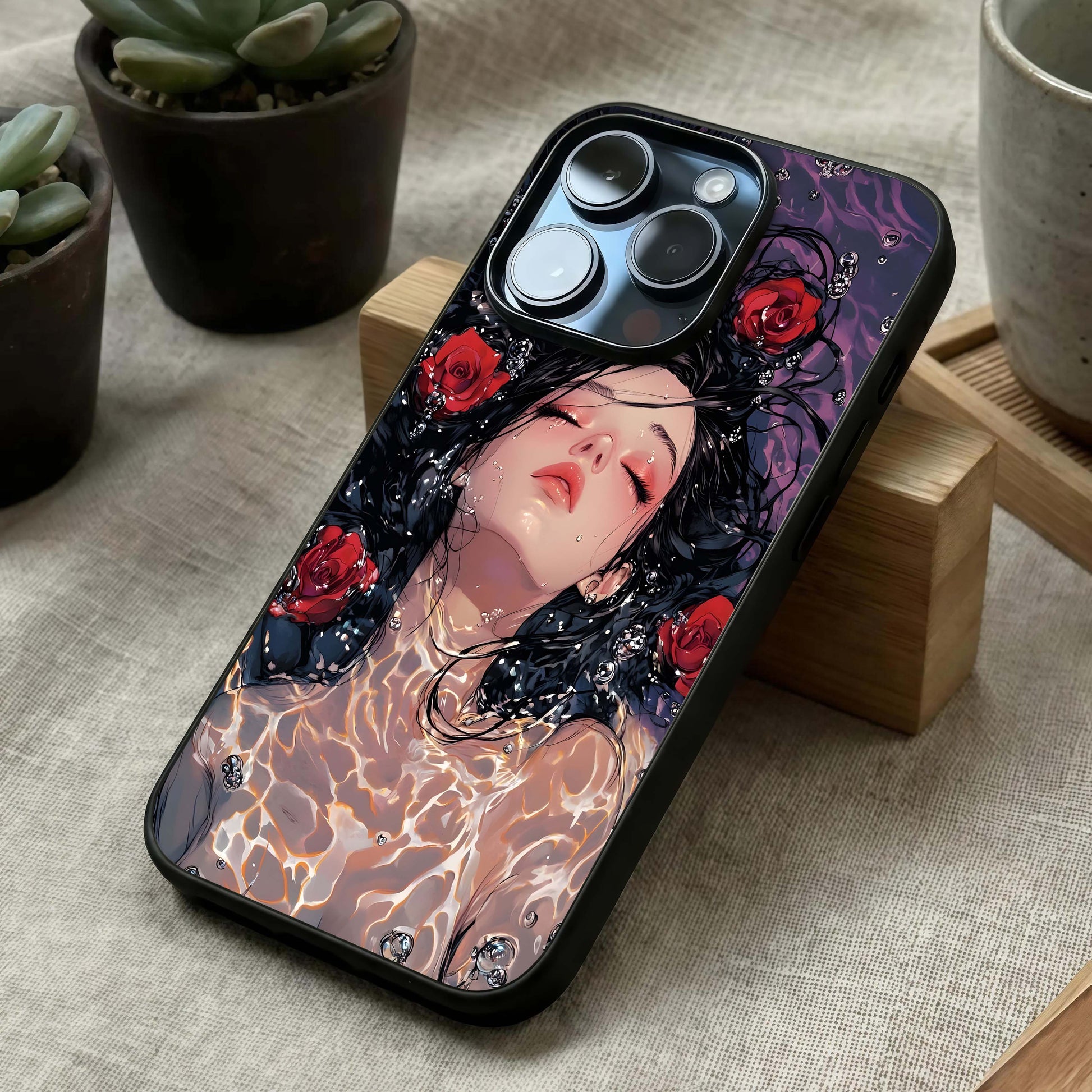 Crimson Rose Serenity Glass Case laid diagonally highlighting balanced composition and HD glass shine.