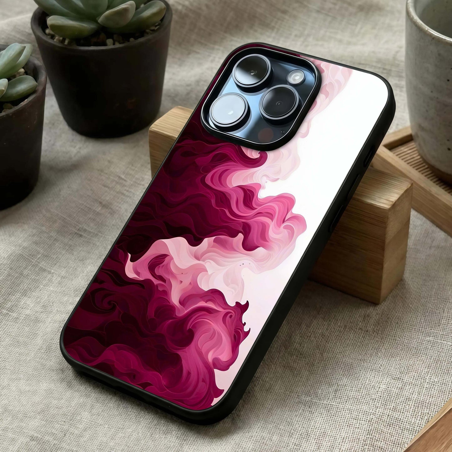 Crimson Wave Flow Glass Case laid diagonally highlighting smooth transitions and HD glass shine.