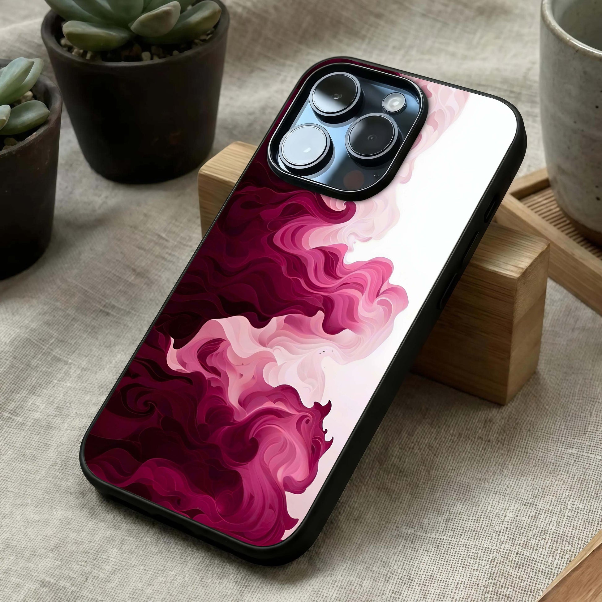 Crimson Wave Flow Glass Case laid diagonally highlighting smooth transitions and HD glass shine.