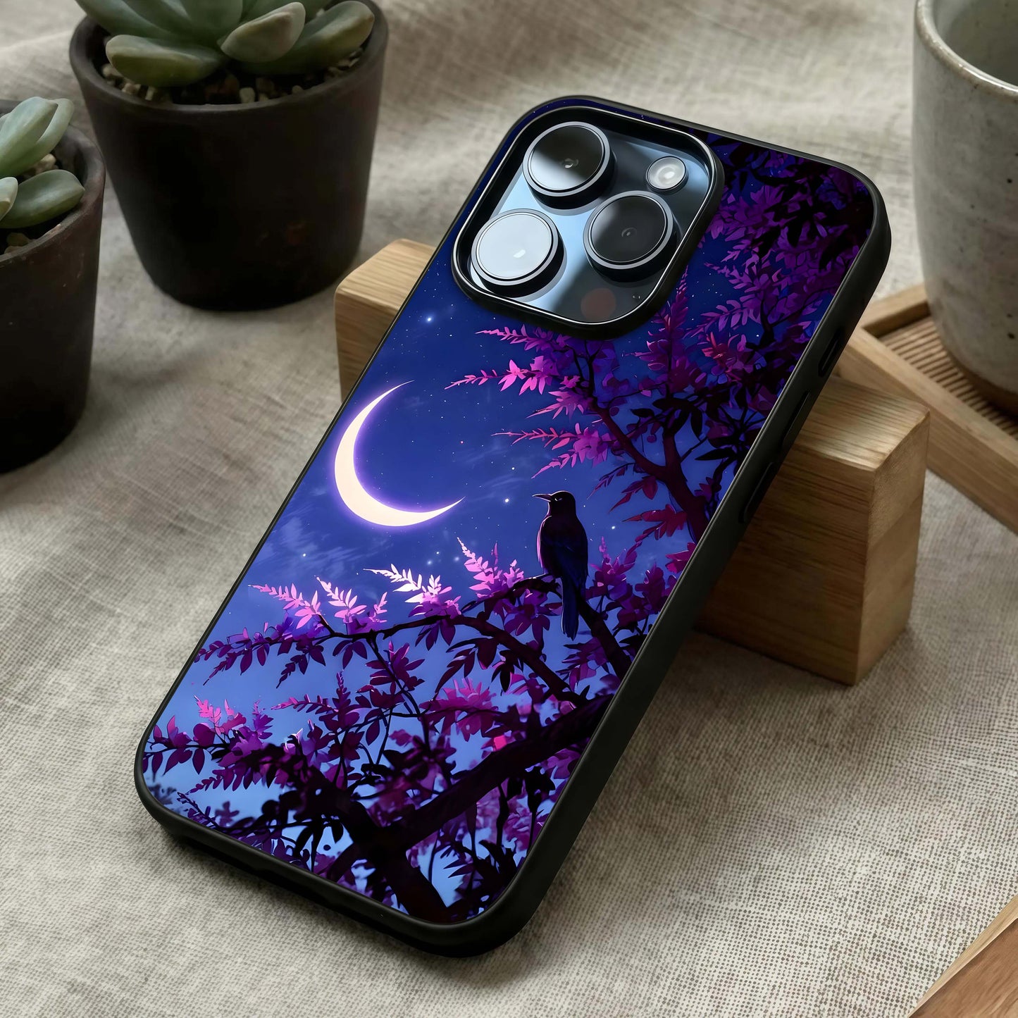 Crow & Moon Scenery Glass Case laid diagonally highlighting nocturnal details and HD glass shine.