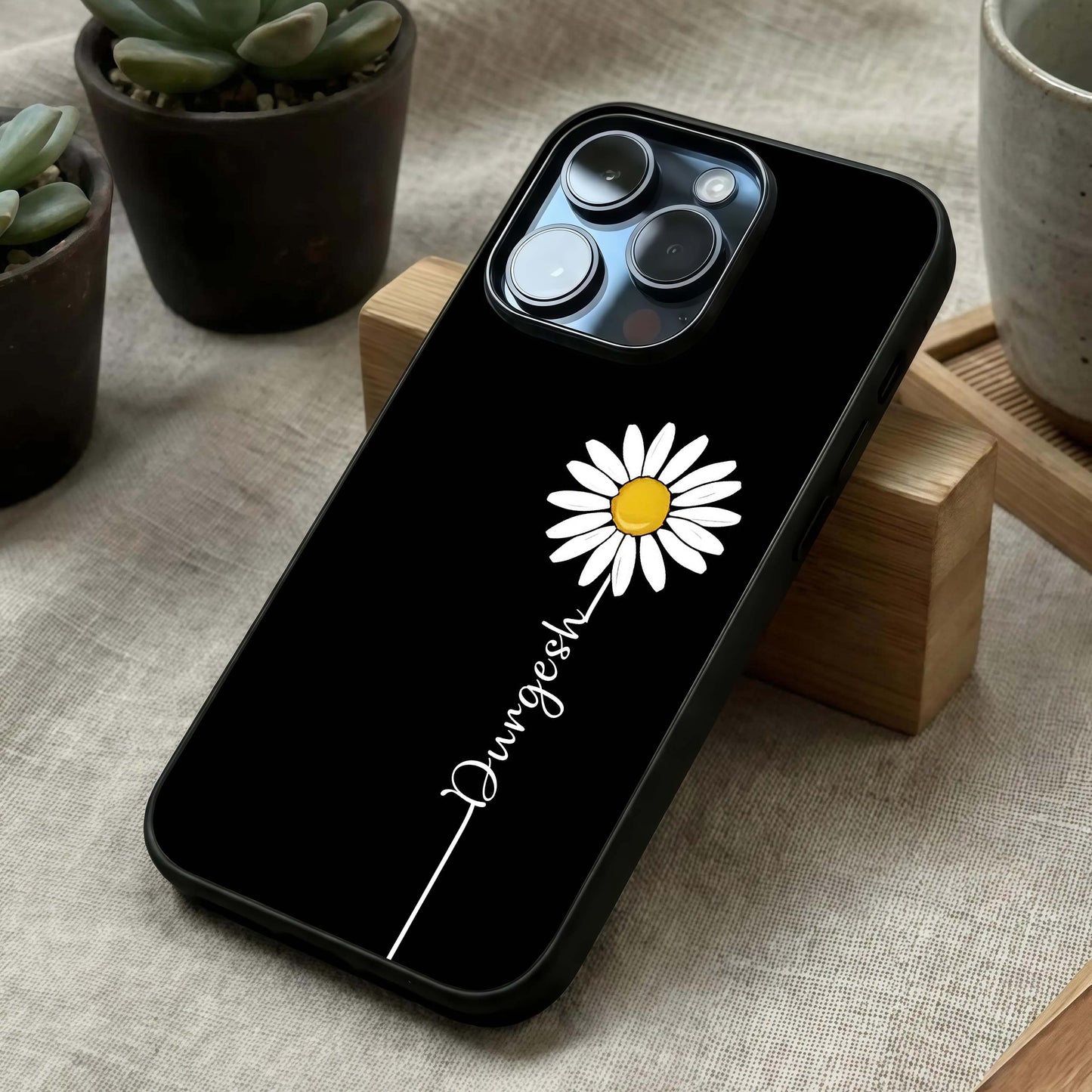 Custom Name White Flower Glass Case laid diagonally highlighting gentle floral flow and HD glass shine.