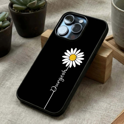 Custom Name White Flower Glass Case laid diagonally highlighting gentle floral flow and HD glass shine.
