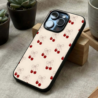 Cute Cherry Pattern Glass Case laid diagonally highlighting lively repetition and HD glass shine.