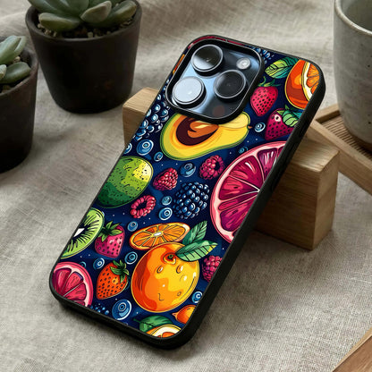Cute Fruits Art Glass Case laid diagonally highlighting vibrant composition and HD glass shine.